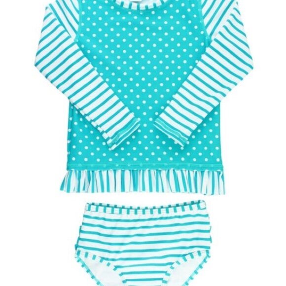 RuffleButts | Blue & White Long Sleeve Rash Guard Bikini | Size 12-18 Months - Picture 3 of 12